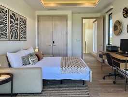 The same versatile room transforms into a restful guest space with a queen sofa bed.