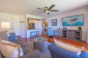 Airy living space at Kaanapali Shores 213, with easy flow to the kitchen and dining area.