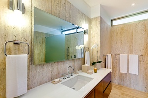 The guest bathroom has a single vanity and separate shower.