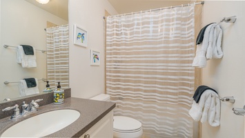 The second guest bathroom with vanity and shower.