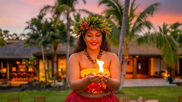 A beautiful tropical sunset sets the scene for authentic cultural entertainment at this peaceful island retreat.