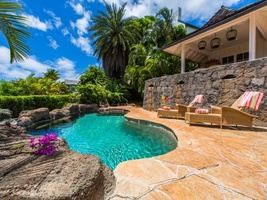 Private pool tucked below the main lanai, surrounded by lush tropical landscaping.