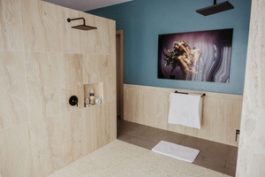 The primary ensuite bath features a unique art piece.