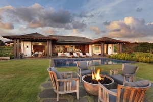 The outdoor space is perfect for entertaining with a private pool and firepit