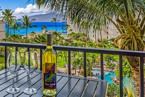 Savor wine on the lanai at Kaanapali Shores 544 with tropical views and ocean breezes.