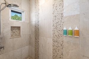 Refresh in the walk-in shower with sleek tile and spa-like details.