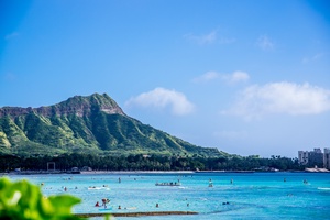 View of Diamond Head and turquoise shoreline.