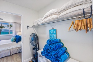 The closet at Royal Kahana 213 is stocked with beach gear, towels, and linens for your comfort.