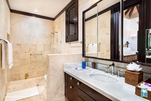Luxurious bathroom featuring a spacious walk-in shower and elegant finishes.