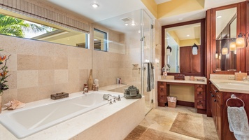 Primary Bath with Soaking Tub, Walk-In Shower, Privacy Commode & Dual Vanity.