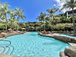 The resort style pool at Ho'olei is stellar with its waterfalls, romantic grotto and tiki torches, dual jacuzzi areas, sandy beach pool for the little ones.