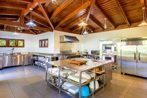 Professional-grade kitchen equipped with stainless steel appliances, including a large refrigerator, dual ovens, and a central island with shelving for cookware.