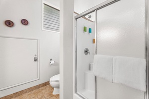 Convenient walk-in shower and toilet in the upper-level loft bath.