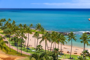 Tropical paradise awaits with pristine sandy beach, swaying palms, and crystal-clear turquoise waters perfect for your island getaway.