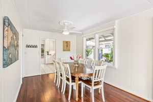 The dining room has table for eight.