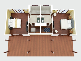 3D layout of a guest wing featuring twin beds, ideal for family or group travel.
