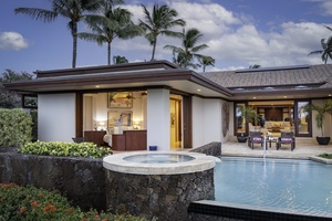 Modern villa with private pool and hot tub surrounded by tropical palms and lush landscaping in paradise setting.