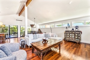 Step inside from the pool deck into the main living area.