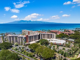 Aerial view of Kaanapali Shores resort along the stunning West Maui coastline.