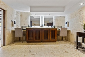 Chic bathroom vanity area with a sleek sink, wooden cabinetry, and a clean, minimalistic design.