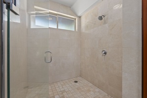 Walk-in shower with sleek tile and glass door.