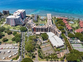 Aerial of Kaanapali Shores 903’s grounds, amenities, and ocean views.