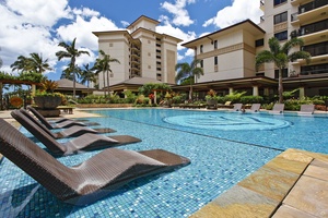 Water loungers at the pool in crystal blue waters.