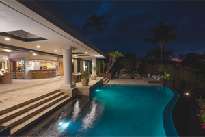 Evening tranquility by the pool — perfect for a night swim or soaking under the stars after dinner.