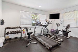 The shared gym area is perfect for a workout.