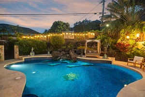 View of the pool at night.