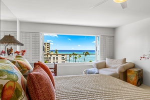 Spacious primary suite with panoramic views of Diamond Head and the coastline, offering a peaceful retreat to begin and end each day.