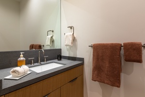 The shared bathroom downstairs for the guests has single vanity.