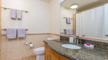 The second guest bathroom with a shower and vanity.