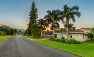 Street view of Ohana Kamalani with manicured lawns and palm-lined surroundings welcoming your arrival.