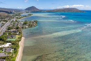 Aerial view of Maunalua Bay with Koko Head and Koko Crater on the horizon.