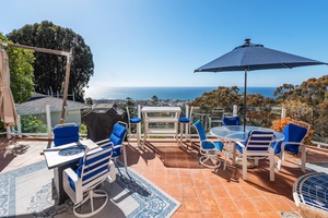 Mid-level main patio area overlooks the canyon with all its wildlife, the village and the Pacific Ocean.