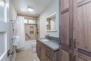 Lani Oasis guest bath featuring a walk-in shower, ample vanity space, and natural finishes.