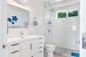 Large vanity with storage, commode, and walk-in glass door shower