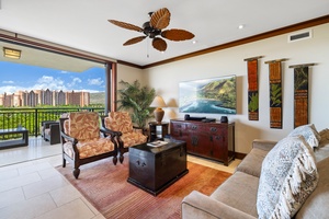 The cozy living area with TV for a fun movie night.