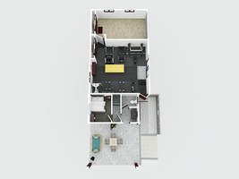 Bird’s-eye 3D view highlighting the seamless blend of indoor living and outdoor luxury.