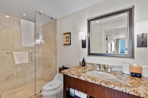 Luxury bathroom at Honua Kai Hokulani 825, featuring a spacious walk-in shower.