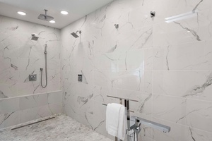 Modern bath with elegant tilework, featuring a walk-in shower and soaking tub combination.