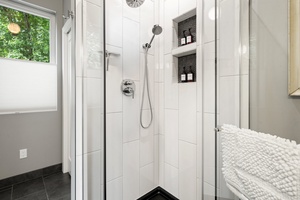 Compact walk-in shower and all essentials close at hand.