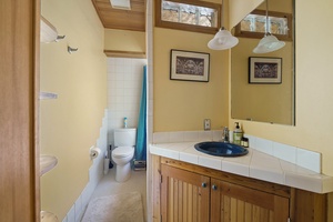 A compact bathroom with rustic wood cabinetry and modern touches, creating a functional yet charming space.