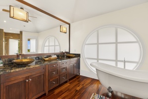 The Primary Ensuite has a dual vanity and soaking tub