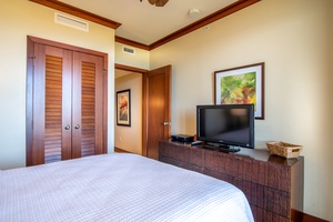 The second guest bedroom has a TV and ceiling fan.