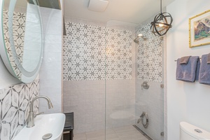 Bright downstairs bathroom with walk-in shower, custom tile, and plenty of natural light.