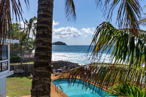 Soak in ocean serenity beside the sparkling pool framed by lush tropical palms.