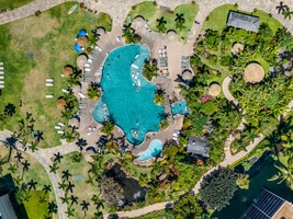 Aerial of one of Kaanapali Shores 213’s two resort pools in tropical Maui luxury.