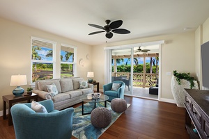 Comfortable lanai seating invites you to relax outdoors with mountain breezes and tropical views.